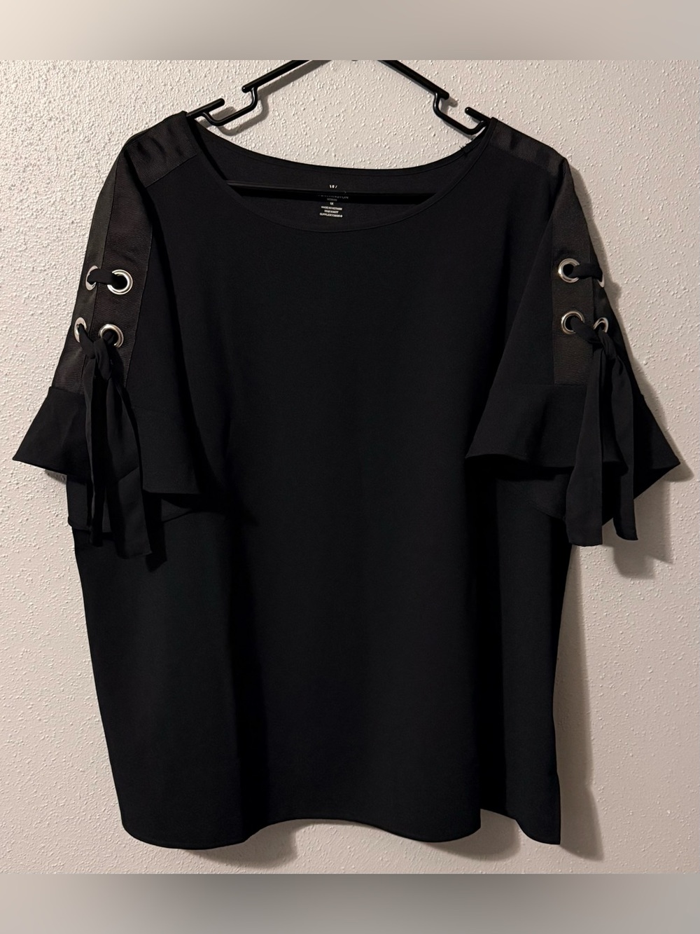 Women's Black Lace-Up Sleeve Blouse - Contemporary Short Sleeve Top